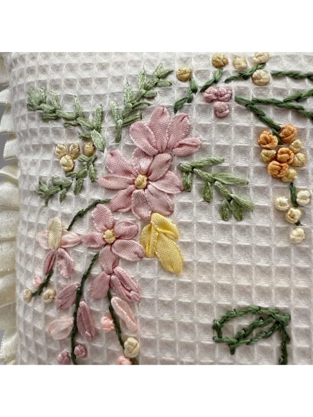Ribbon Embroidered Throw Pillow Joy Floral Cat Ruffled Edge Cottagecore 9 In